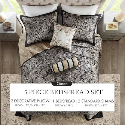 Madison Park Aubrey Reversible Quilted Bedspread Set, Solid Reverse Summer Breathable, Lightweight All Season Bedding Layer, Matching Shams, Bedspread Queen(102"x118"), Black 5 Piece