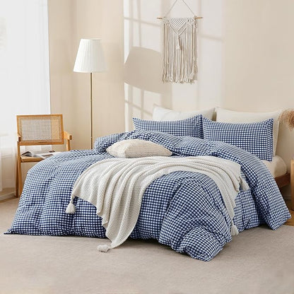 TOCOMOA Navy Blue Gingham Duvet Cover Bedding Set 100% Washed Cotton Like Linen Feel Super Soft Comfy 3 Piece Dark Blue Plaid Checkered Comforter Cover Set (Queen 90"x90", Comforter Not Included)