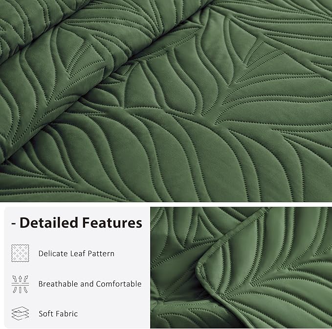 EXQ Home Quilt Set Twin Size Olive Green 2 Piece,Lightweight Soft Coverlet Modern Style Leaf Pattern Bedspread Set(1 Quilt,1 Pillow Sham)