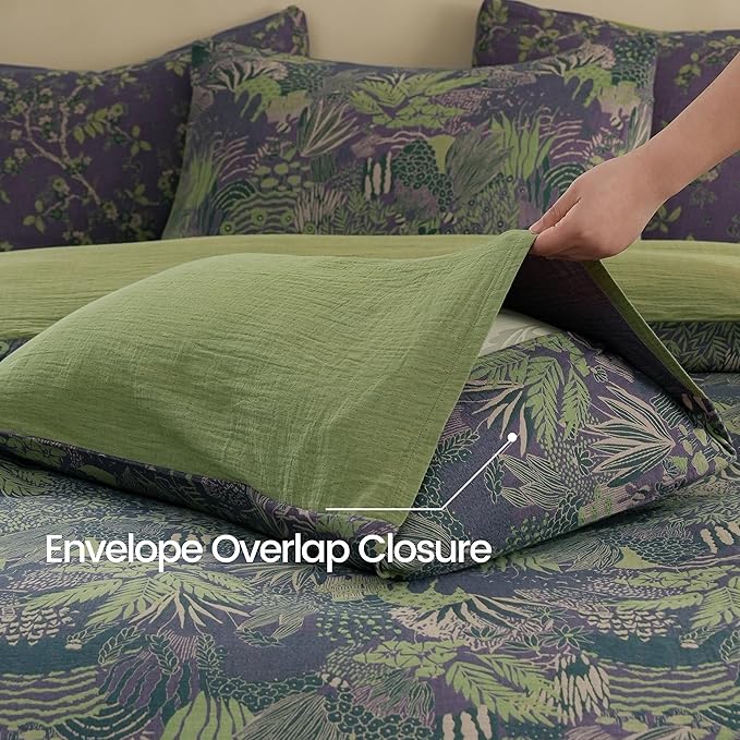 BISELINA 100% Cotton Muslin Duvet Cover Set King, 3 Pcs Yarn-Dyed Jacquard Textured Reversible Botanical Floral, Soft and Breathable Bedding Set with Zipper Closure, Purple Green