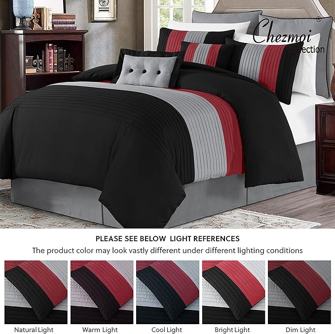 Chezmoi Collection Loft 8-Piece Luxury Striped Comforter Set (King, Red/Black/Gray)