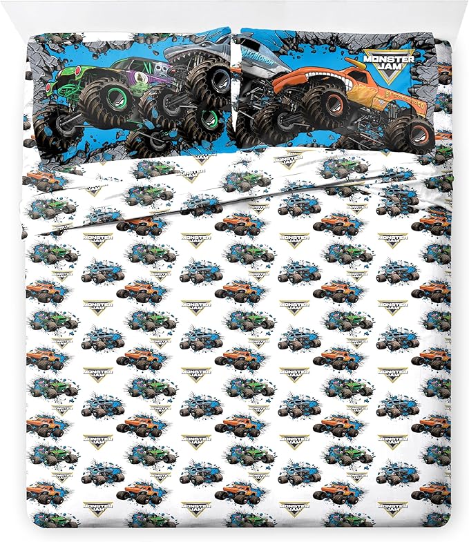 Jay Franco Kids Comforter Set Includes Sheets and Pillow Covers - Soft and Cozy Bed Set for Stylish Room Decor, Gray - Monster Jam 01, 7 Piece Full Size Bedding