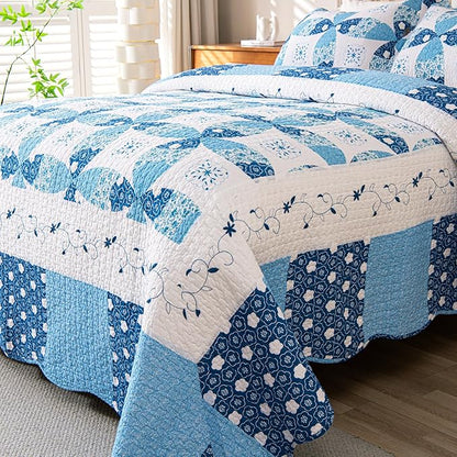 Cmfshape Blue Quilt Sets Bedspread Set 100% Cotton Patchwork Coin Pattern Bedding Set,All Season Use Lightweight Reversible Coverlet Quilts with 2 Pillow Shams(Queen 92"x96")