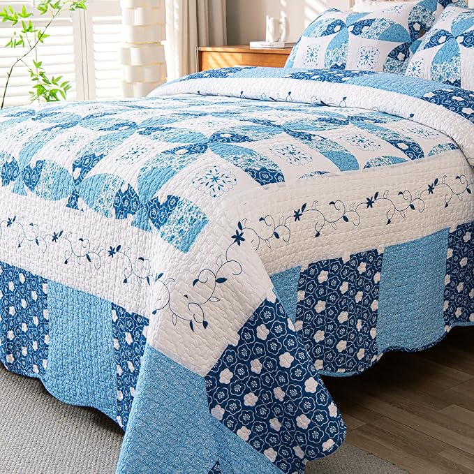 Cmfshape Blue Quilt Sets Bedspread Set 100% Cotton Patchwork Coin Pattern Bedding Set,All Season Use Lightweight Reversible Coverlet Quilts with 2 Pillow Shams(King 106"x96")