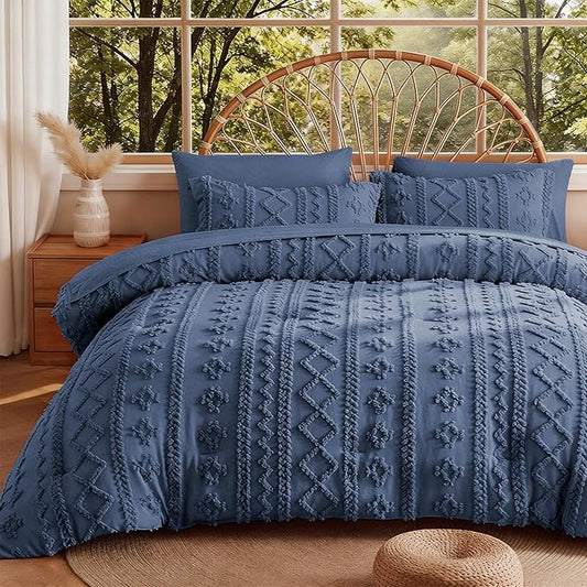 MR&HM California King Comforter Set Navy Blue, 7 Pieces Tufted Boho Beddding Sets, Farmhouse Bed in a Bag with 1 Comforter, 2 Pillow Shams, 2 Pillowcases, 1 Flat Sheet, 1 Fitted Sheet