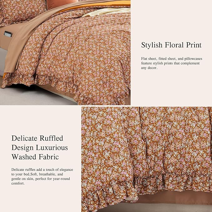 Full Comforter Set - 7 Pieces Ruffle Brown Floral Bedding Sets, Shabby Chic Farmhouse Bed in a Bag with Ruffle Comforter, Sheets, Pillowcases & Shams