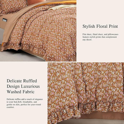 Full Comforter Set - 7 Pieces Ruffle Brown Floral Bedding Sets, Shabby Chic Farmhouse Bed in a Bag with Ruffle Comforter, Sheets, Pillowcases & Shams