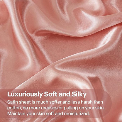 BEDELITE Satin Sheets Full Size Bed Set, Luxury Soft Rose Pink Silky Sheets for Hair and Skin, Similar to Silk Bed Sheets Set 4 Pieces with 1 Deep Pocket Fitted Sheet, 1 Flat Sheet, and 2 Pillowcases