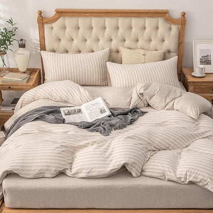 PURE ERA Jersey Knit 2pc Duvet Cover Set 100% T-Shirt Heather Cotton Super Soft Comfy Classic Striped Design, with Zipper Closure, Heather Beige Stripe, Twin