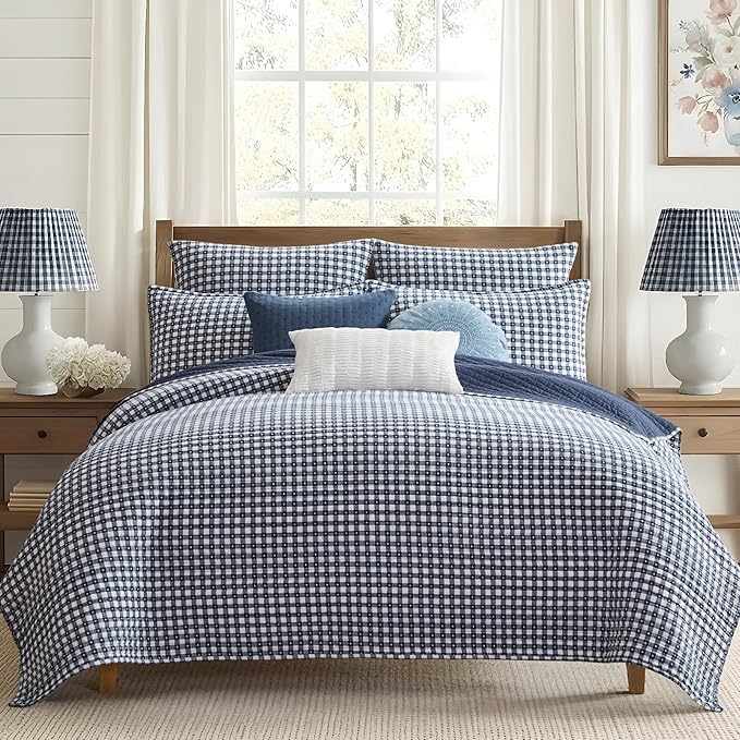Levtex Home - Camden Gingham Stitch Navy Quilt Set - Full/Queen Quilt (88x92in) and 2 Standard Shams (20x26in) - Textured Gingham - Navy and White - Reversible - Cotton | Textured