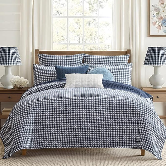 Levtex Home - Camden Gingham Stitch Navy Quilt Set - Full/Queen Quilt (88x92in) and 2 Standard Shams (20x26in) - Textured Gingham - Navy and White - Reversible - Cotton | Textured