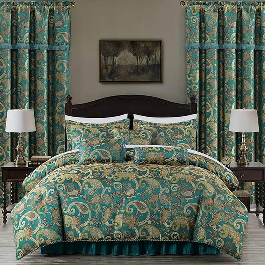 Chezmoi Collection Adelle 7-Piece Paisley Jacquard Embroidered Comforter Bedding Set, Queen, Teal