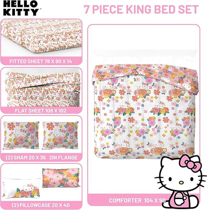 Jay Franco Hello Kitty King Size Comforter Set - 7 Piece Bedding Includes Sheet Set & Pillow Covers - Super Soft Floral Bedding