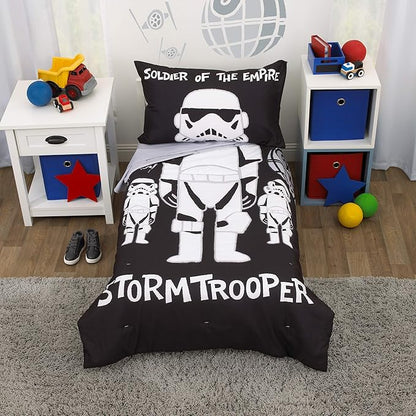Disney Star Wars Storm Trooper Black and White 4 Piece Toddler Bed Set - Comforter, Fitted Bottom Sheet, Flat Top Sheet, and Reversible Pillowcase