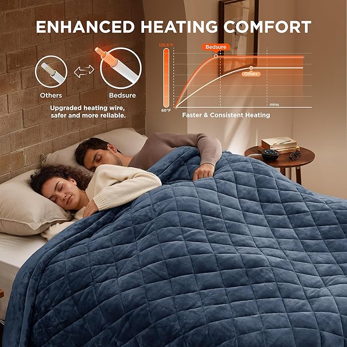 Bedsure Electric Blanket Queen Size - Dual Control Heated Weighted Blanket Queen with 10 Heat Settings, Fast Heating with 10 Time Settings (84x90 inches, Bering Sea)