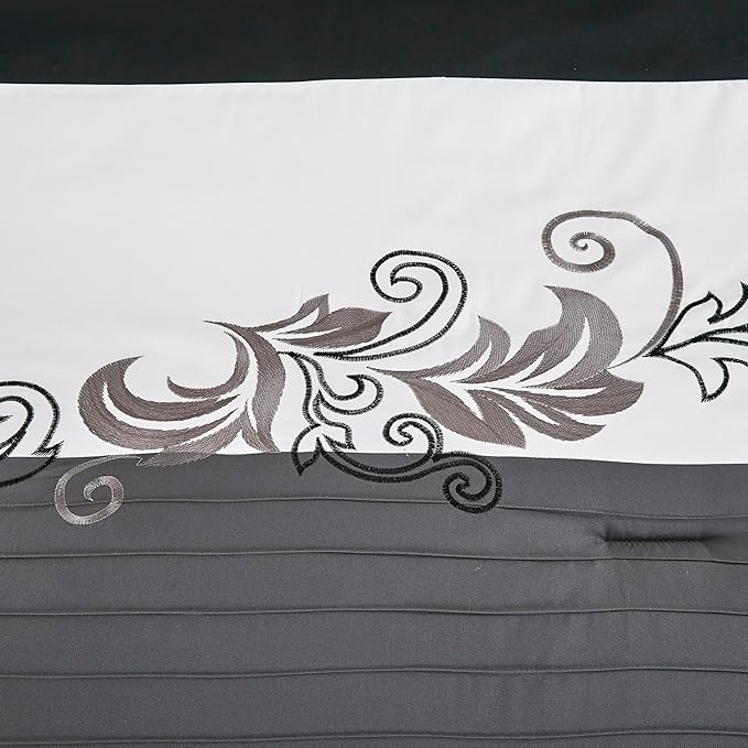 Chezmoi Collection Napa 7-Piece Luxury Leaves Scroll Embroidery Bedding Comforter Set (Full, Black/Gray/White)