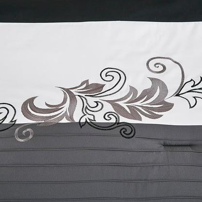 Chezmoi Collection Napa 7-Piece Luxury Leaves Scroll Embroidery Bedding Comforter Set (Oversized King, Black/Gray/White)