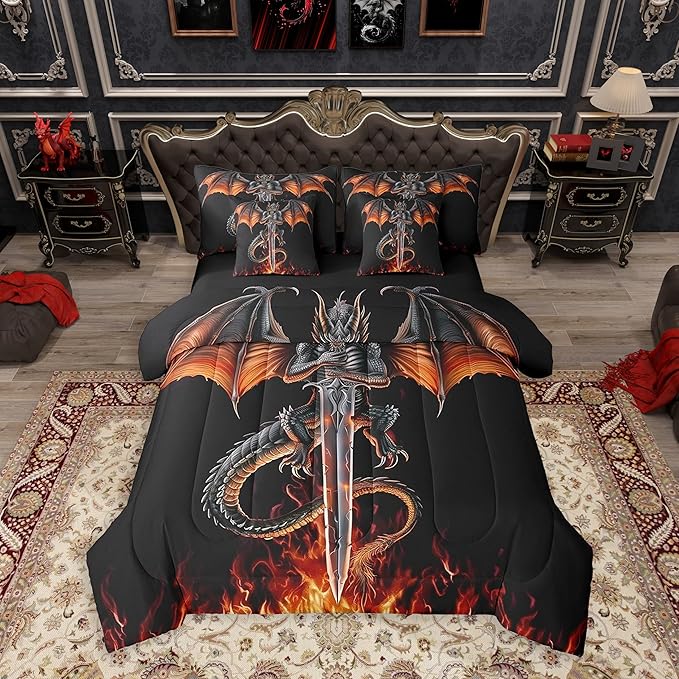 Feelyou Medieval Dragon Comforter Set 7 Pieces Queen Size Sword Fire Pattern Bedding Set for Boys Girls Ancient Wildlife Bed in a Bag with Comforter, Sheets, Pillowcases & Cushion Covers
