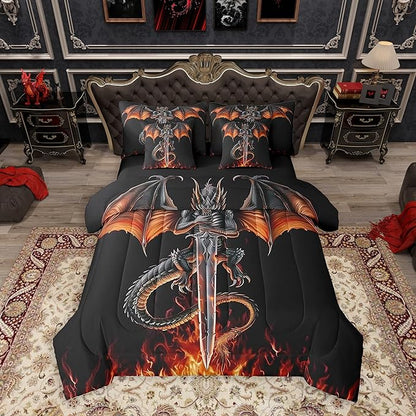 Feelyou Medieval Dragon Comforter Set 7 Pieces Queen Size Sword Fire Pattern Bedding Set for Boys Girls Ancient Wildlife Bed in a Bag with Comforter, Sheets, Pillowcases & Cushion Covers