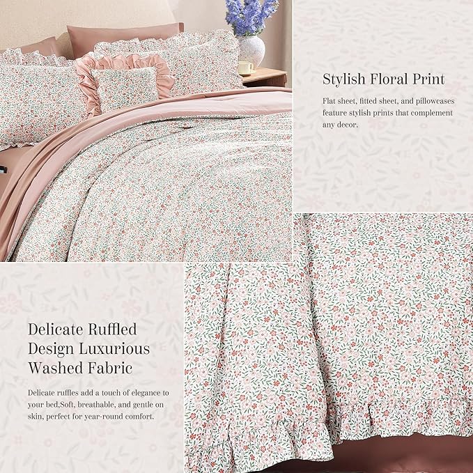 King Comforter Set - 7 Pieces Ruffle Pink Ditzy Bedding Sets, Shabby Chic Farmhouse Bed in a Bag King with Floral Comforter, Sheets, Pillowcases & Shams