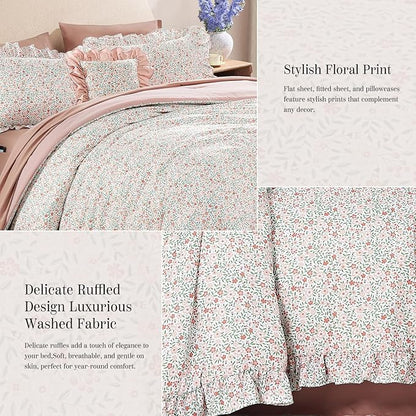 King Comforter Set - 7 Pieces Ruffle Pink Ditzy Bedding Sets, Shabby Chic Farmhouse Bed in a Bag King with Floral Comforter, Sheets, Pillowcases & Shams