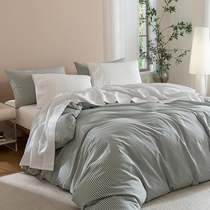 JIYUAN Full Size Sheet Set, 4-Piece - 100% Washed Cotton, Linen-Like Soft & Breathable, Includes Deep Pocket Fitted & Flat Sheet with 2 Pillowcases, Hotel Quality, Solid Bright White