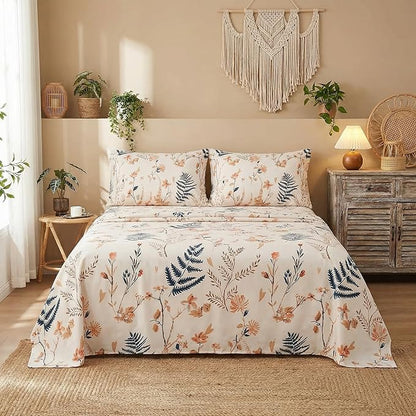 JSD Boho Floral Printed Sheet Set Twin Size 3 Piece, Soft Botanical Pattern Microfiber Sheets Extra Deep Pocket