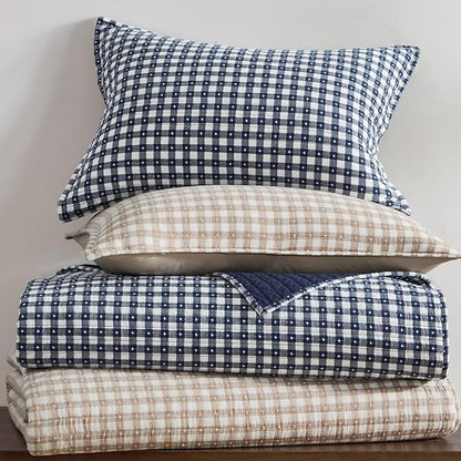 Levtex Home - Camden Gingham Stitch Navy Quilt Set - Twin Quilt (68x86in) and 1 Standard Sham (20x26in) - Textured Gingham - Navy and White - Reversible - Cotton | Textured