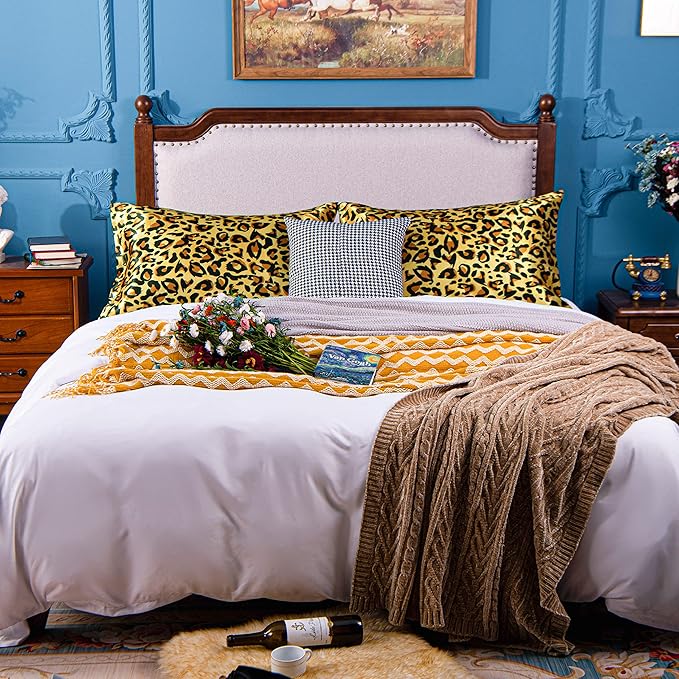NTBAY 2 Pack Satin Queen Pillowcases for Hair and Skin, Luxurious and Silky Leopard Printed Pillow Cases with Envelope Closure, 20x30 Inches, Yellow and Black
