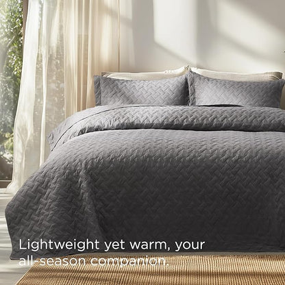 Bedsure Quilts Queen Size - Grey Bedspreads Queen Size with Basket Weave Pattern, Soft Quilt Bedding Set, Lightweight Comforter Set Coverlet for All Seasons with 2 Pillow Shams (90" x 96") | Skin-Friendly Soft, All-Season Comfort, Breathable, Lightweig...