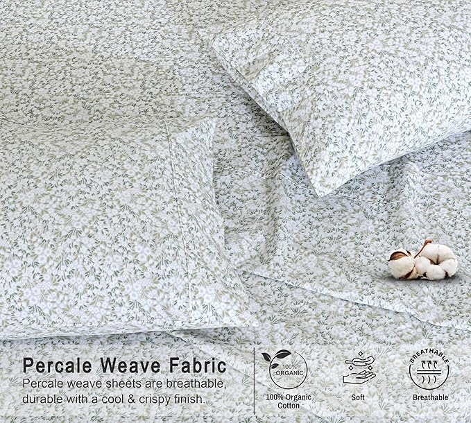 RUVANTI 100% Organic Cotton Sheets Full Size, Percale Weave, GOTS Certified, 4-Piece Set, Deep Pocket 15", Crisp & Breathable, Soft Durable Bedding, Sábanas Algodón Orgánico – Floral Rush