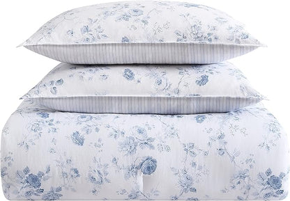 Laura Ashley - King Comforter Set, Reversible Cotton Bedding with Matching Shams, Medium Weight for Year Round Use, Oeko-Tex Certified (Belinda Blue)
