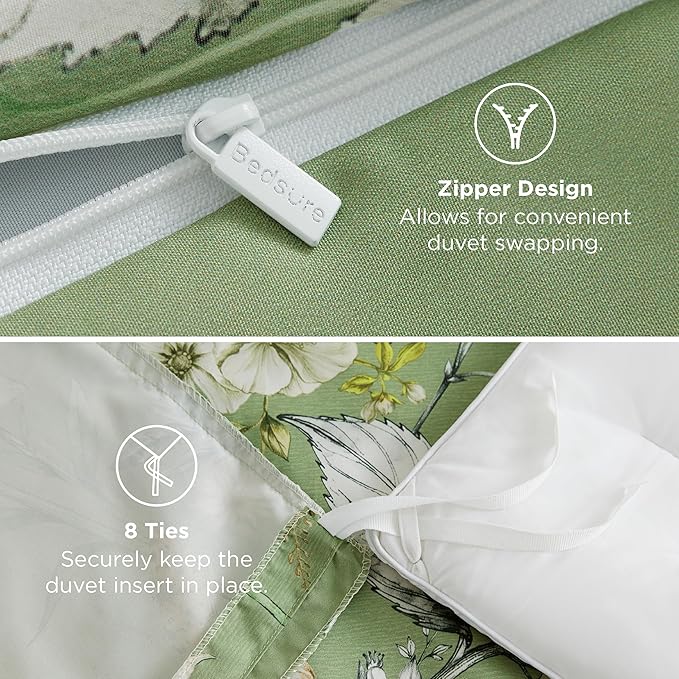 Bedsure Duvet Cover King Size - Reversible Green Floral&Bird Duvet Cover Set with Zipper Closure, 3 Pieces Mistletoe Bedding Set with 8 Corner Ties and 2 Pillow Shams 20"x36"