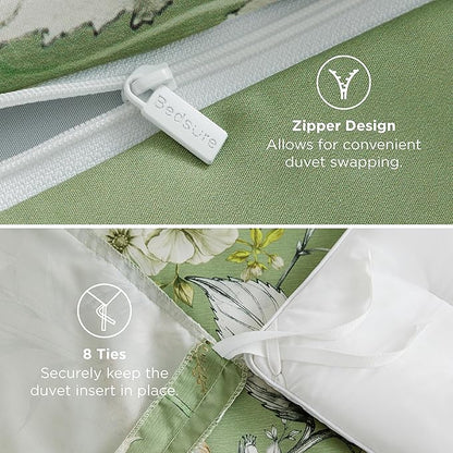 Bedsure Duvet Cover King Size - Reversible Green Floral&Bird Duvet Cover Set with Zipper Closure, 3 Pieces Mistletoe Bedding Set with 8 Corner Ties and 2 Pillow Shams 20"x36"
