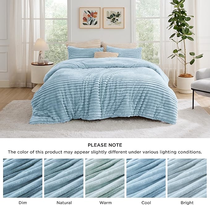 Bedsure Comforter Set Queen Size - GentleSoft™ 3 Pieces Double-Side Fleece Fluffy Light Blue Comforter Set, Cozy Striped Room Decor Aesthetic, Luxury Bedding Queen Size, 2 Pillowcases, 90x90 Inches