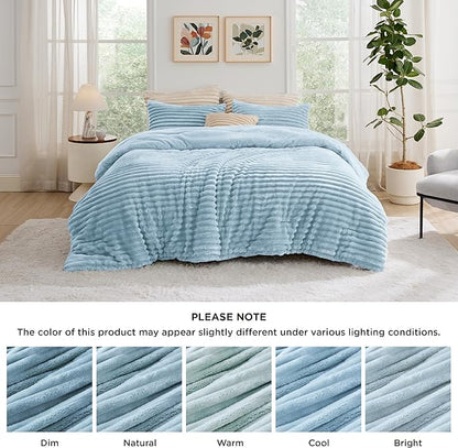 Bedsure Comforter Set Queen Size - GentleSoft™ 3 Pieces Double-Side Fleece Fluffy Light Blue Comforter Set, Cozy Striped Room Decor Aesthetic, Luxury Bedding Queen Size, 2 Pillowcases, 90x90 Inches