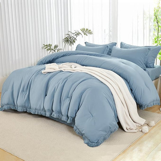 Andency Full Size Comforter Set Grayish Blue -7 Pieces Boho Tassel Bed in a Bag Soft Lightweight Bedding Sets, All Season Fringe Bed Set with Comforter, Sheets, Pillowcases & Shams