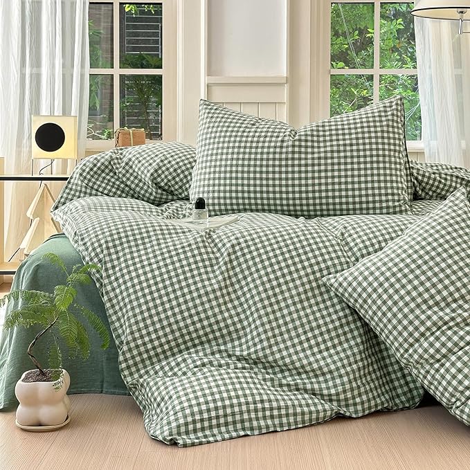 Green Gingham Duvet Cover Full 3 Pieces Green Grid Duvet Cover with 2 Pillowcases 100% Washed Cotton Checkered Plaid Comforter Cover with Zipper Ties Soft Farmhouse Plaid Bedding Set Breathable