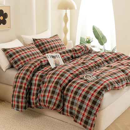 ECOCOTT Buffalo Plaid Duvet Cover King Size– 3 Piece Washed Cotton Bedding Set with Classic Checkered Pattern, Red & Brown Duvet Cover with Pillowcases for All Seasons