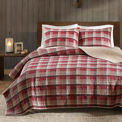 Woolrich Reversible Quilt Cabin Lifestyle Design - All Season, Breathable Coverlet Bedspread Bedding Set, Matching Shams, Oversized Full/Queen, Tasha Plaid Red/Tan 3 Piece