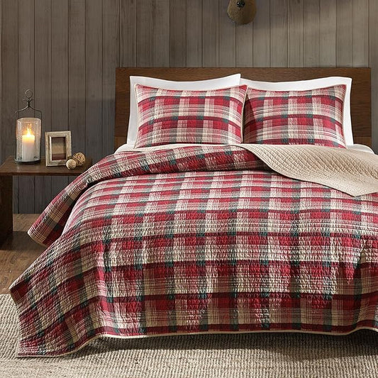 Woolrich Reversible Quilt Cabin Lifestyle Design - All Season, Breathable Coverlet Bedspread Bedding Set, Matching Shams, Oversized Full/Queen, Tasha Plaid Red/Tan 3 Piece