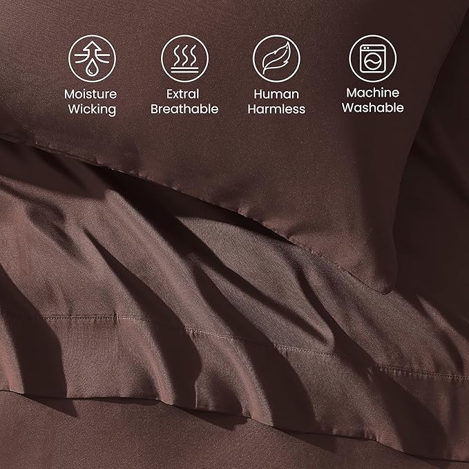 SLEEP ZONE Nanotex Super Soft Cooling Queen Bed Sheets Set 4 Piece - Easy Care Fitted Flat Sheet & Pillowcase Sets - Wrinkle Free, Fade Resistant, Deep Pocket 16" (Brown, Queen)