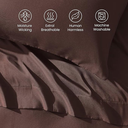 SLEEP ZONE Nanotex Super Soft Cooling Queen Bed Sheets Set 4 Piece - Easy Care Fitted Flat Sheet & Pillowcase Sets - Wrinkle Free, Fade Resistant, Deep Pocket 16" (Brown, Queen)