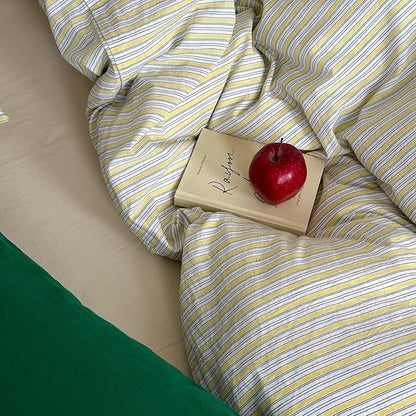 MKXI French Stripe Duvet Cover Set Twin XL - 3 Piece Vintage Aesthetic Bedding, 100% Washed Cotton, Yellow & White Vertical Stripes, Zipper Closure & Corner Ties, Modern Farmhouse Style