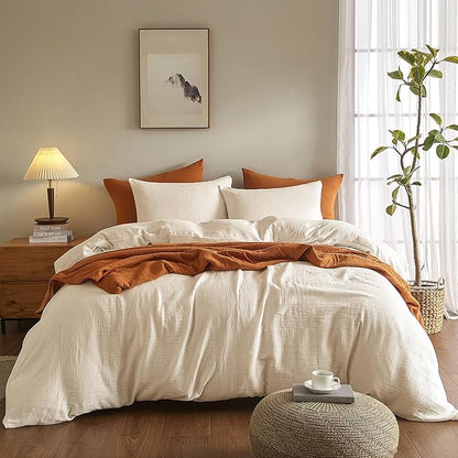 SE SOFTEXLY Muslin Duvet Cover Queen Size, 100% Washed Cotton Duvet Cover Set, Ultra Soft Comforter Cover Linen Like, 3 Pieces Minimalist Gauze Duvet Cover with 2 Pillowcases, 90"x90", Off-White