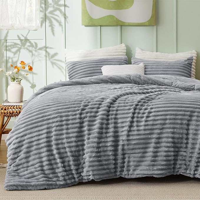 Bedsure Cal King Comforter Set - GentleSoft™ 3 Pieces Double-Side Fleece Fluffy Grey Comforter Set, Cozy Striped Room Decor Aesthetic, Luxury Cal King Bedding, 2 Pillowcases, 104x96 Inches