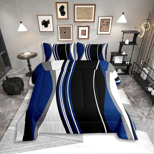 Erosebridal Blue Black Abstract Toddler Comforter Grey Modern Striped Bedding Set Geometric Stripes Lines Duvet Insert Contemporary Art Boho Bed Sets for Minimalist