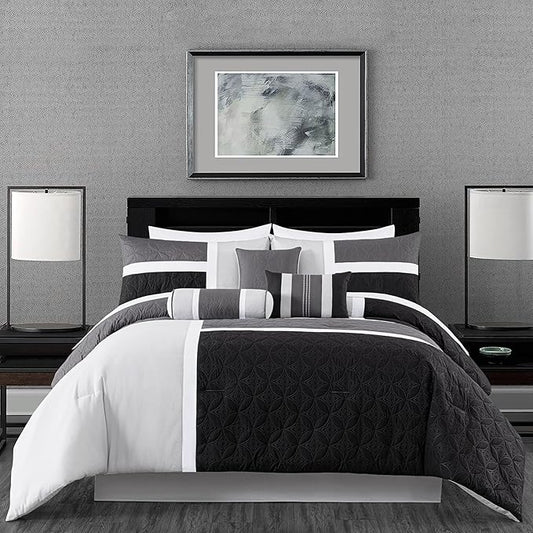 Chezmoi Collection Upland 7-Piece Quilted Patchwork Comforter Set, Black/Gray/Light Gray, California King