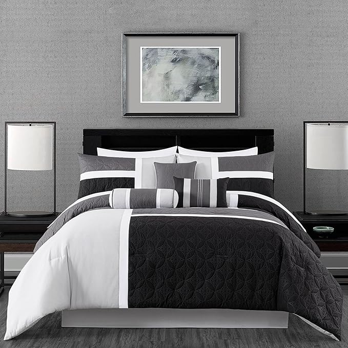 Chezmoi Collection Upland 7-Piece Quilted Patchwork Comforter Set, Black/Gray/Light Gray, King