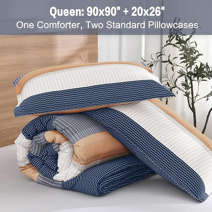 Litanika Comforter Set - Lightweight Quilt Bedding Comforter Sets, Colorblock Stripe Fluffy Bed Set, All Season Down Alternative, Queen Orange Blue